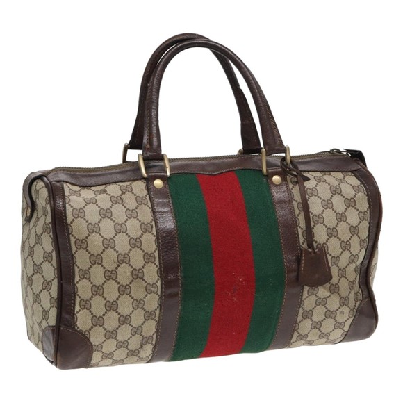 GUCCI GG Supreme Web Sherry Line Boston Bag PVC Beige Red Green Auth 84232 - Picture 1 of 16